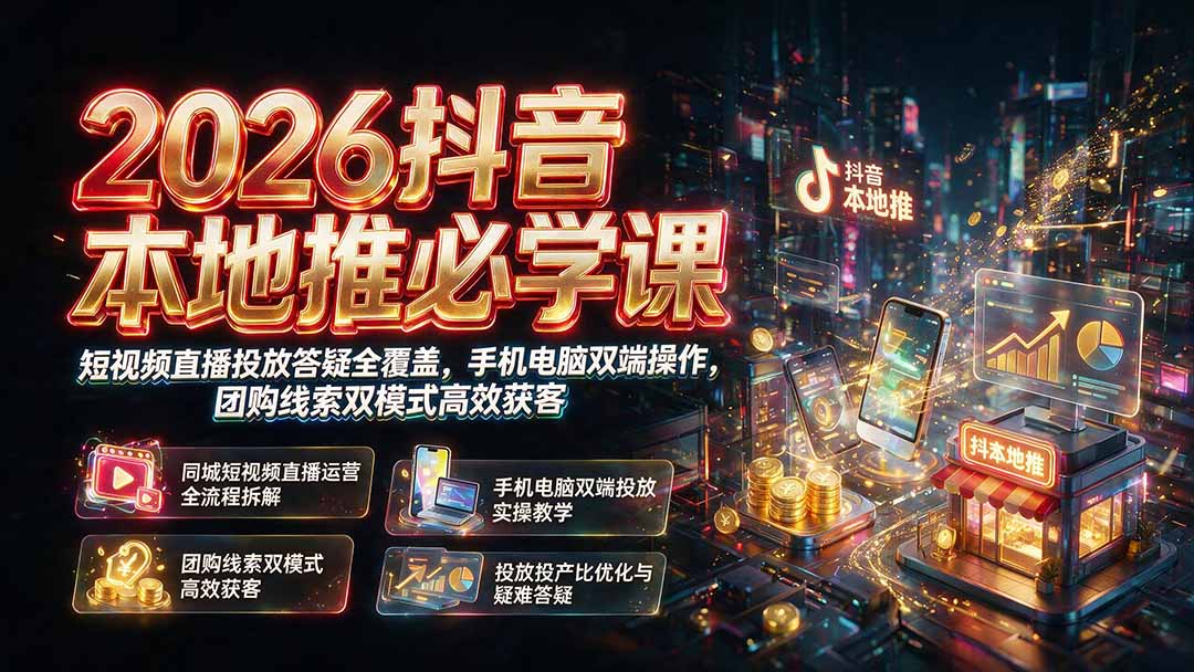 (19618期)2026抖音本地推必学课|短视频直播投放答疑全覆盖,手机电脑双端操作,团购线索双模式高效获客插图 (19618期)2026抖音本地推必学课|短视频直播投放答疑全覆盖,手机电脑双端操作,团购线索双模式高效获客插图