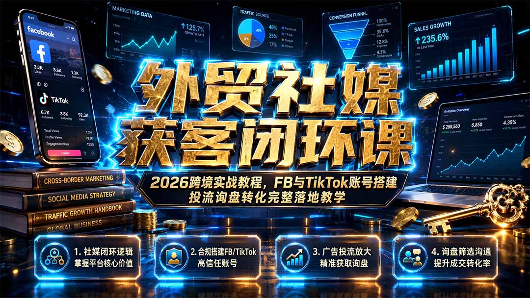 (19611期)外贸社媒获客闭环课|2026跨境实战教程,FB与TikTok账号搭建投流询盘转化完整落地教学插图 (19611期)外贸社媒获客闭环课|2026跨境实战教程,FB与TikTok账号搭建投流询盘转化完整落地教学插图
