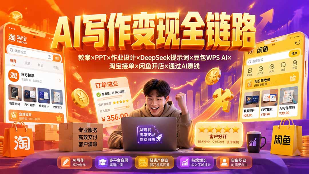 (19561期)2026AI写作变现全链路:教案×PPT×作业设计×DeepSeek提示词×豆包WPS AI×淘宝接单×闲鱼开店×通过AI賺钱插图 (19561期)2026AI写作变现全链路:教案×PPT×作业设计×DeepSeek提示词×豆包WPS AI×淘宝接单×闲鱼开店×通过AI賺钱插图