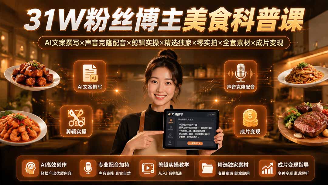 (19558期)31W粉丝博主美食科普课:AI文案撰写×声音克隆配音×剪辑实操×精选独家×零实拍×全套素材×成片变现插图 (19558期)31W粉丝博主美食科普课:AI文案撰写×声音克隆配音×剪辑实操×精选独家×零实拍×全套素材×成片变现插图