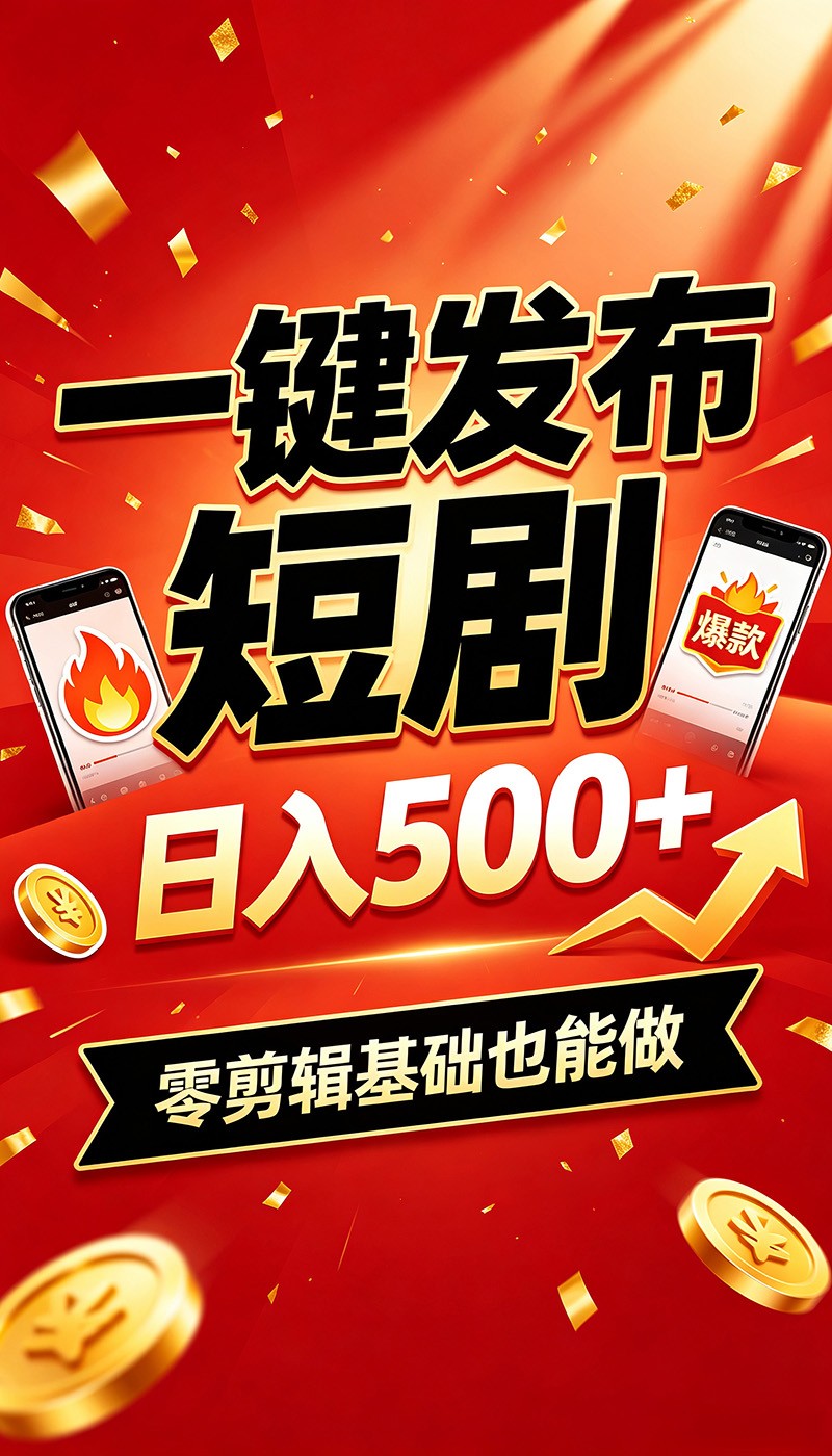 快手短剧一键发布，不用剪辑操作简单，副业日入500+。空闲时间轻松赚收益插图