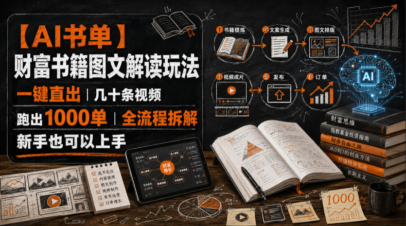 【AI书单】财富书籍图文解读玩法，一键直出，几十条视频，跑出1000单，全流程拆解，新手也可以上手插图