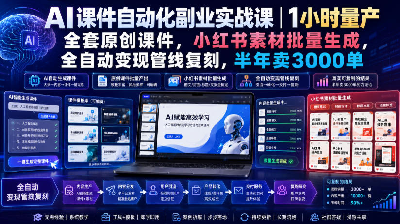 AI课件自动化副业实战课｜1小时量产全套原创课件，小红书素材批量生成，全自动变现管线复刻，半年卖3000单插图