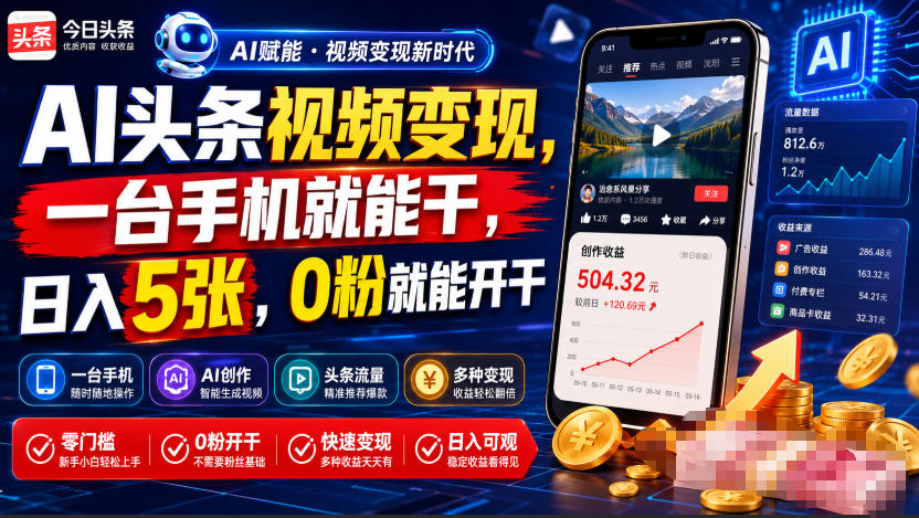 AI头条视频变现，一台手机就能干，日入5张，0粉就能开干插图