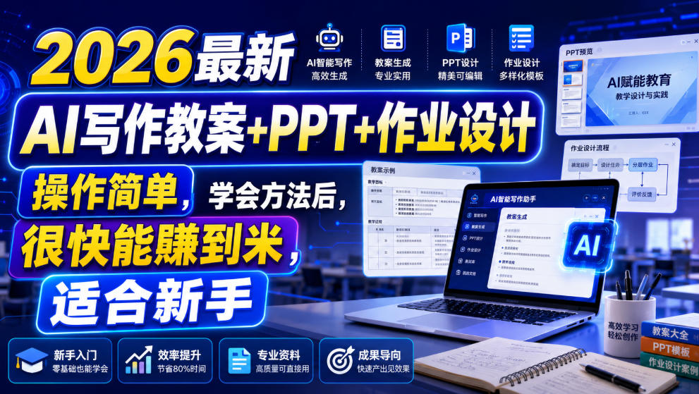 2026最新AI写作教案+PPT+作业设计，操作简单，学会方法后，很快能賺到米，适合新手插图