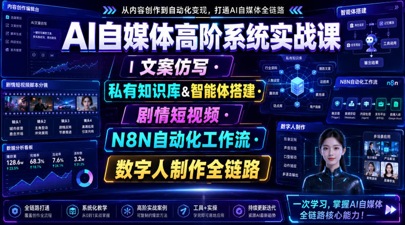 AI自媒体高阶系统实战课｜文案仿写・私有知识库&智能体搭建・剧情短视频・N8N自动化工作流・数字人制作全链路插图