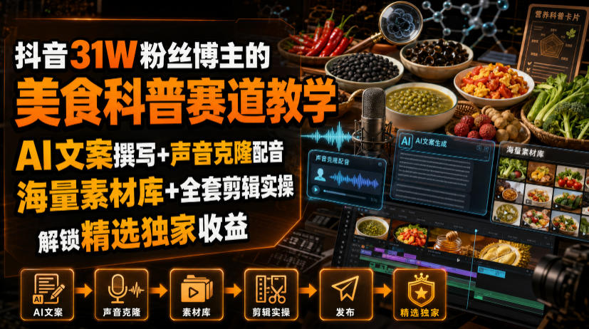 抖音31W粉丝博主的美食科普赛道教学，AI文案撰写+声音克隆配音+剪辑实操，解锁精选独家收益插图