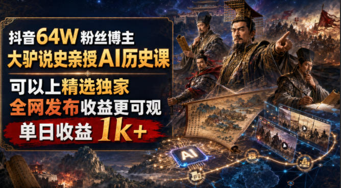抖音64W粉丝博主大驴说史亲授AI历史课，可以上精选独家，全网发布收益更可观，单日收益1k+插图
