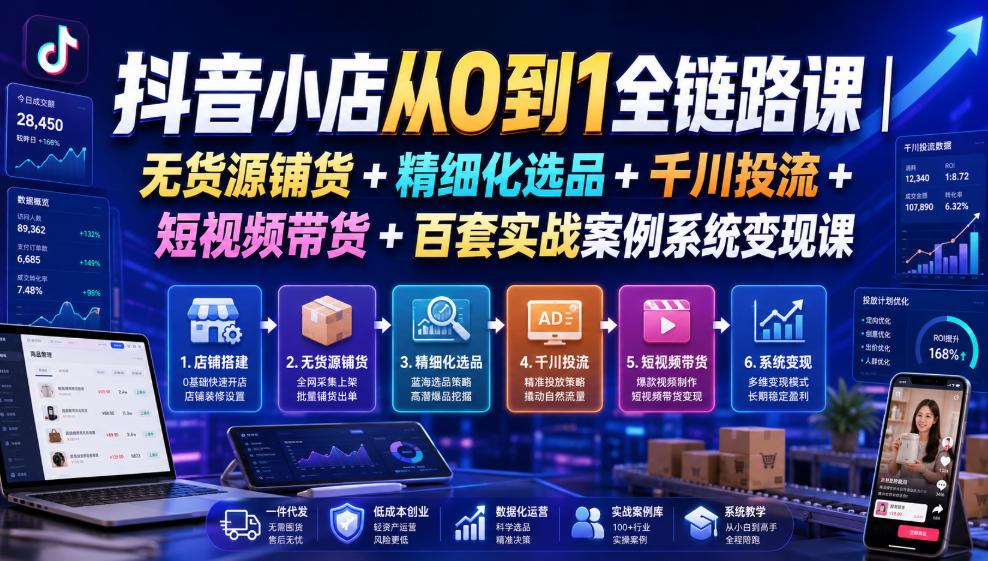 抖音小店从0到1全链路课｜无货源铺货+精细化选品+千川投流+短视频带货+百套实战案例系统变现课（2026年7月更新）插图