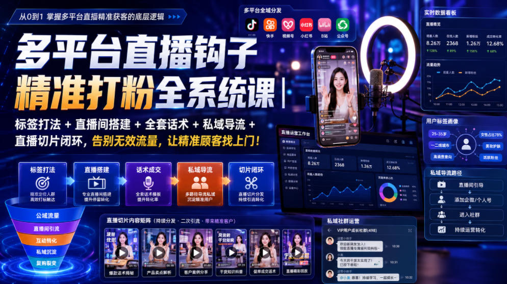 多平台直播钩子精准打粉全系统课｜标签打法+直播间搭建+全套话术+私域导流+直播切片闭环，告别无效流量，让精准顾客找上门！插图