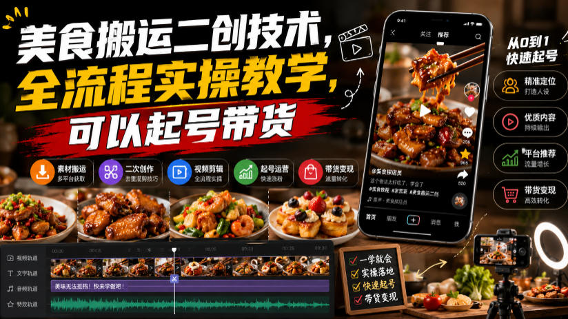 美食搬运二创技术，全流程实操教学，可以起号带货插图