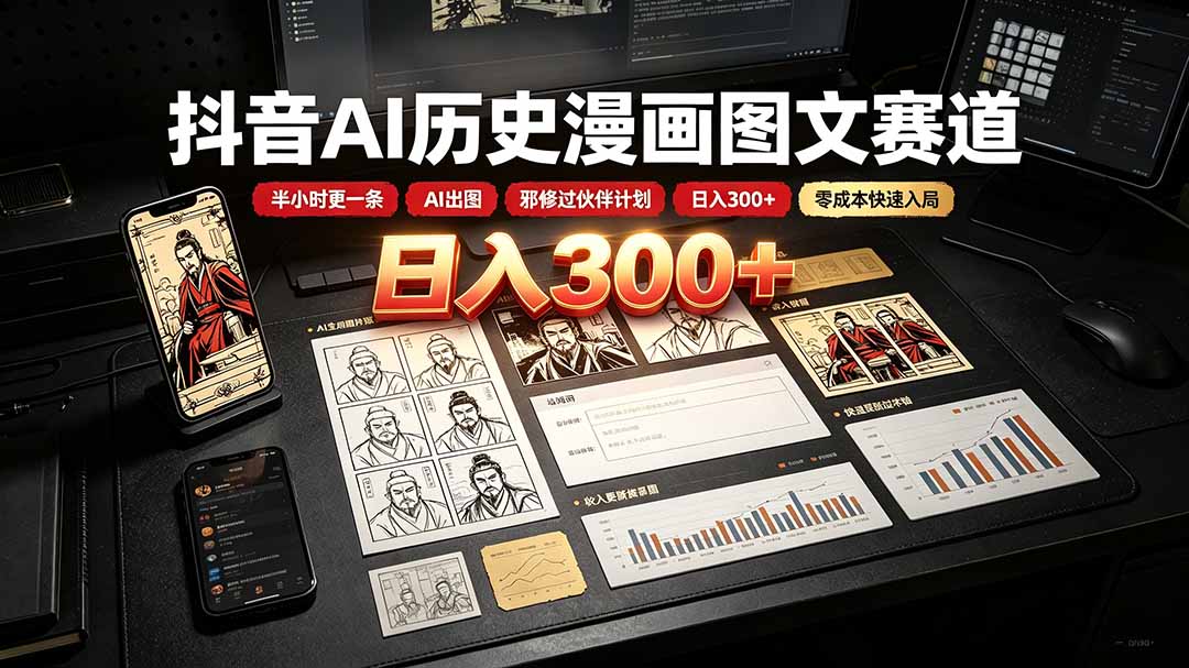 （19498期）抖音AI历史漫画图文赛道：半小时更一条×AI出图×邪修过伙伴计划×日入300+，零成本快速入局插图1