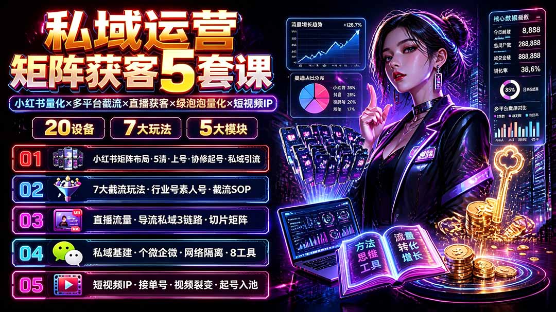 (19617期)私域运营矩阵获客5套课:小红书量化×多平台截流×直播获客×绿泡泡量化×短视频IP×20设备×7大玩法插图1 (19617期)私域运营矩阵获客5套课:小红书量化×多平台截流×直播获客×绿泡泡量化×短视频IP×20设备×7大玩法插图1