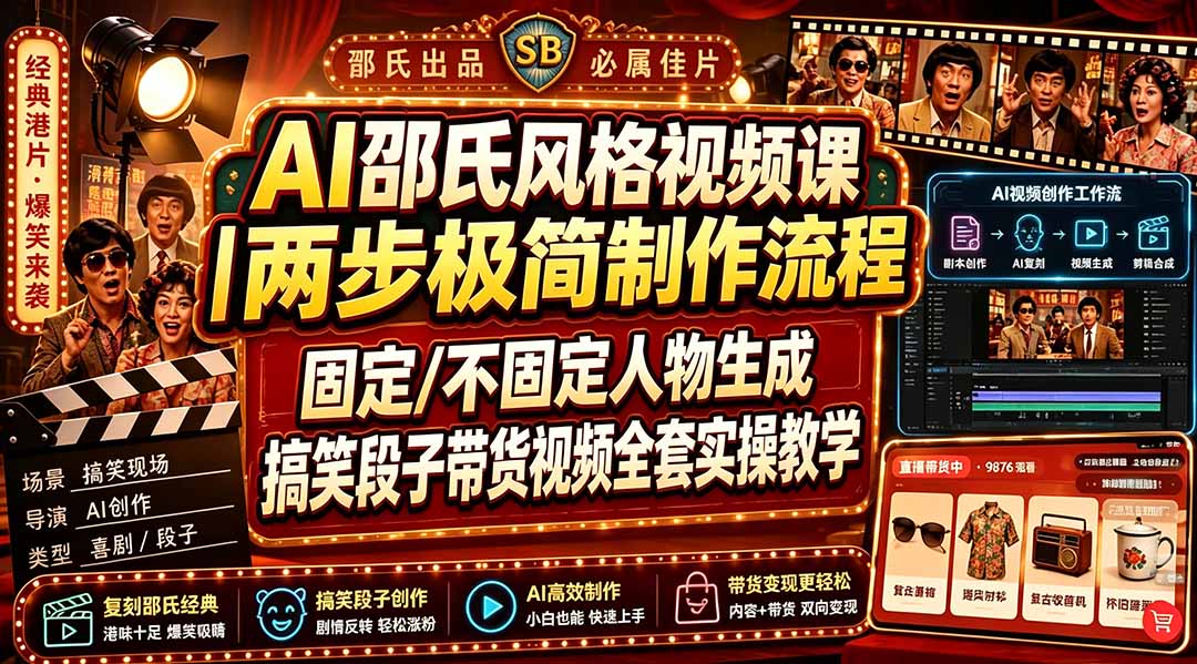 (19602期)AI邵氏风格视频课|两步极简制作流程,固定/不固定人物生成,搞笑段子带货视频全套实操教学插图1 (19602期)AI邵氏风格视频课|两步极简制作流程,固定/不固定人物生成,搞笑段子带货视频全套实操教学插图1