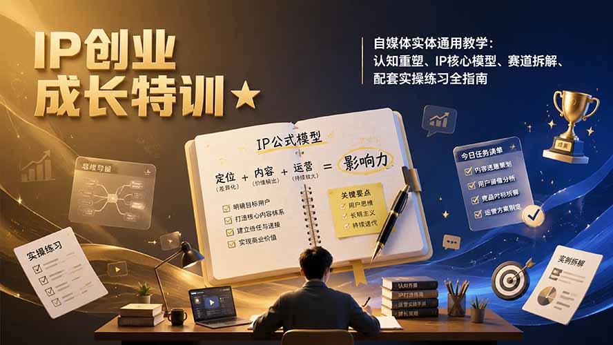 (19567期)IP创业成长特训★自媒体实体通用教学:认知重塑、IP核心模型、赛道拆解、配套实操练习全指南插图1 (19567期)IP创业成长特训★自媒体实体通用教学:认知重塑、IP核心模型、赛道拆解、配套实操练习全指南插图1