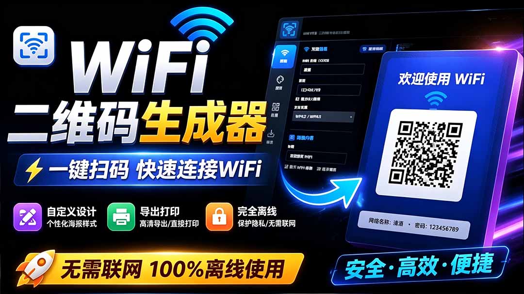 (19566期)完全离线使用!WiFi二维码生成器,一键扫码快速连接WiFi,支持自定义风格导出 WiFi二维码生成器插图1 (19566期)完全离线使用!WiFi二维码生成器,一键扫码快速连接WiFi,支持自定义风格导出 WiFi二维码生成器插图1