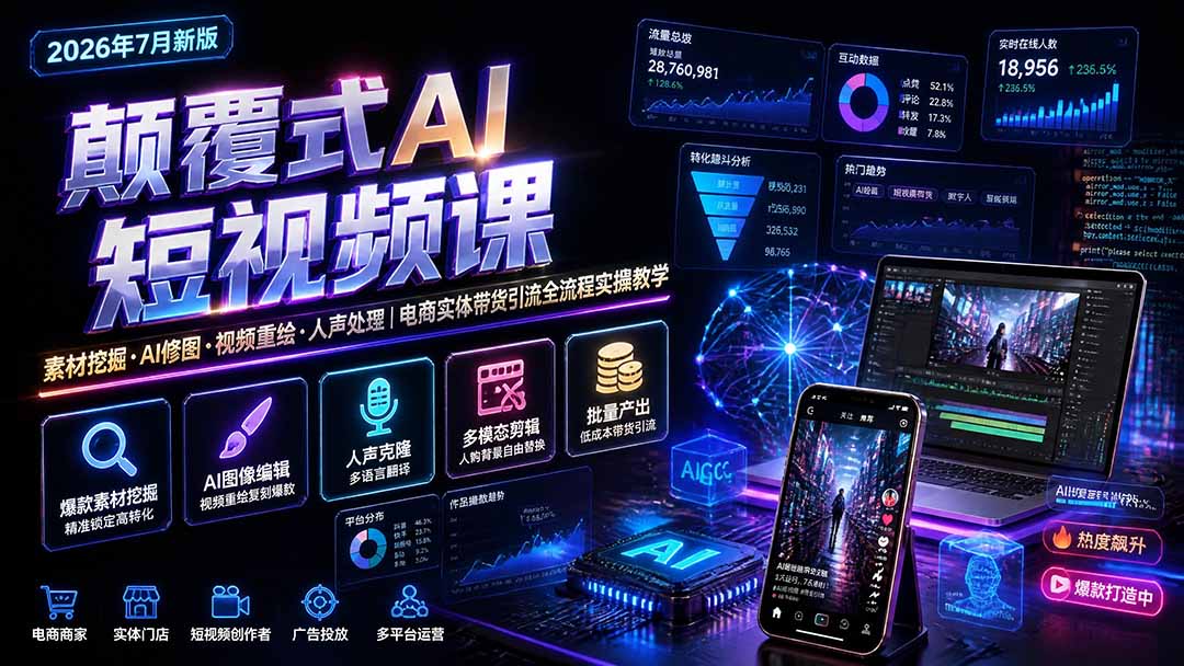 (19630期)颠覆式AI短视频课|素材挖掘,AI修图,视频重绘,人声处理|电商实体带货引流全流程实操教学插图1 (19630期)颠覆式AI短视频课|素材挖掘,AI修图,视频重绘,人声处理|电商实体带货引流全流程实操教学插图1
