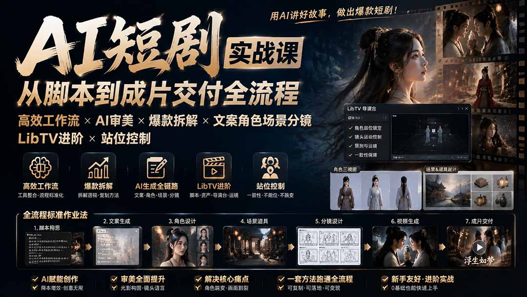 (19717期)AI短剧实战课:高效工作流×AI审美×爆款拆解×文案角色场景分镜×LibTV进阶×站位控制×从脚本到成片交付全流程插图 (19717期)AI短剧实战课:高效工作流×AI审美×爆款拆解×文案角色场景分镜×LibTV进阶×站位控制×从脚本到成片交付全流程插图
