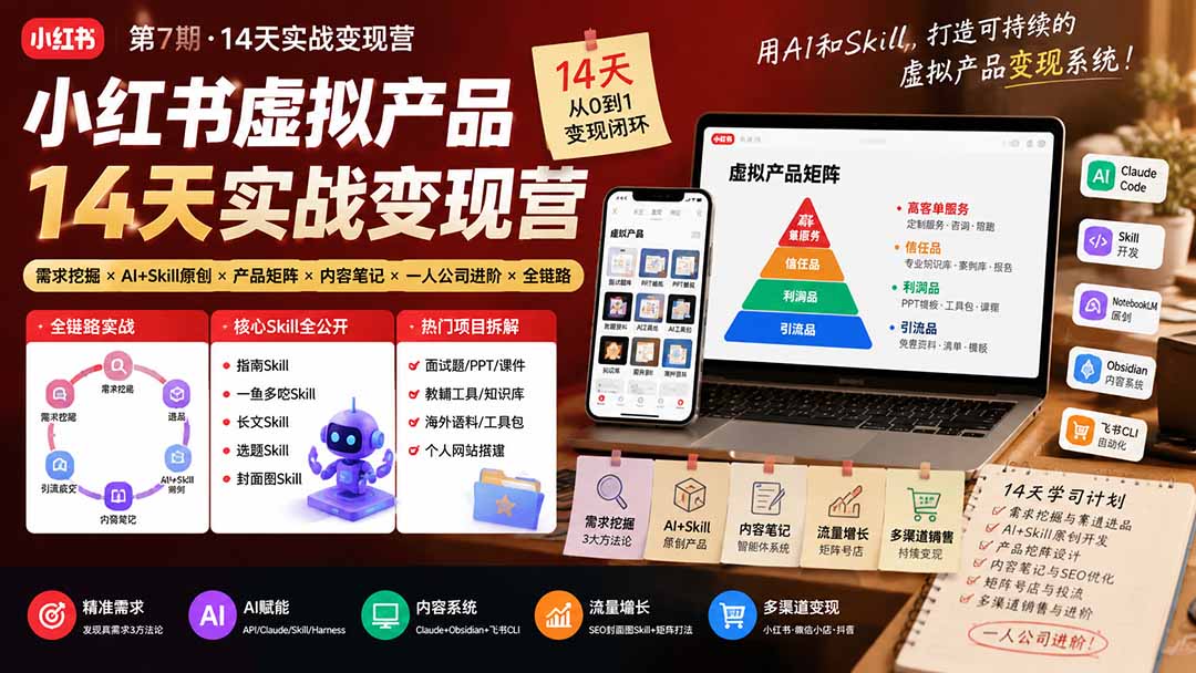 (19712期)小红书虚拟产品14天实战变现营-第7期:需求挖掘×AI+Skill原创×产品矩阵×内容笔记×一人公司进阶×全链路插图 (19712期)小红书虚拟产品14天实战变现营-第7期:需求挖掘×AI+Skill原创×产品矩阵×内容笔记×一人公司进阶×全链路插图