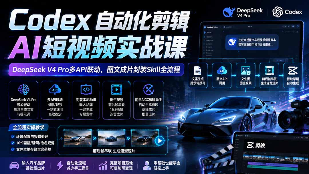 (19711期)Codex自动化剪辑AI短视频实战课|DeepSeek V4 Pro多API联动,图文成片封装Skill全流程插图 (19711期)Codex自动化剪辑AI短视频实战课|DeepSeek V4 Pro多API联动,图文成片封装Skill全流程插图