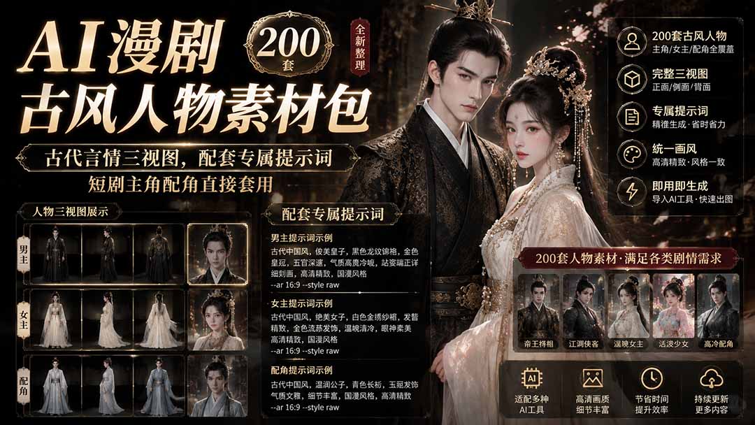 (19693期)AI漫剧古风人物素材包+提示词|200 套古代言情三视图,配套专属提示词短剧主角配角直接套用插图 (19693期)AI漫剧古风人物素材包+提示词|200 套古代言情三视图,配套专属提示词短剧主角配角直接套用插图