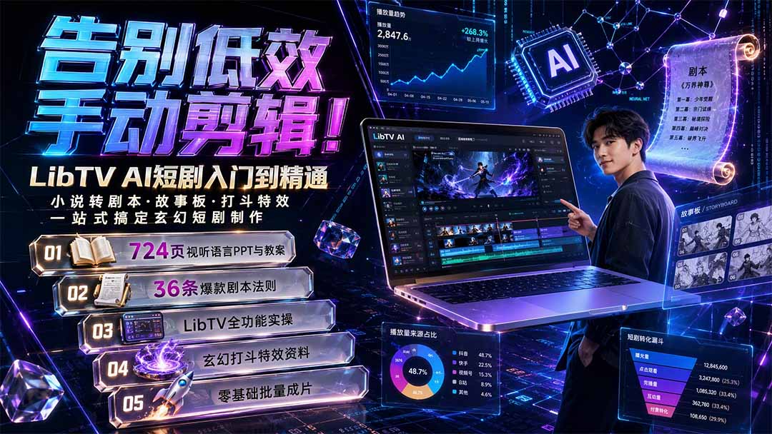 （19678期）告别低效手动剪辑！LibTV AI短剧入门到精通，小说转剧本方法，故事板打斗特效一站式搞定玄幻短剧制作插图