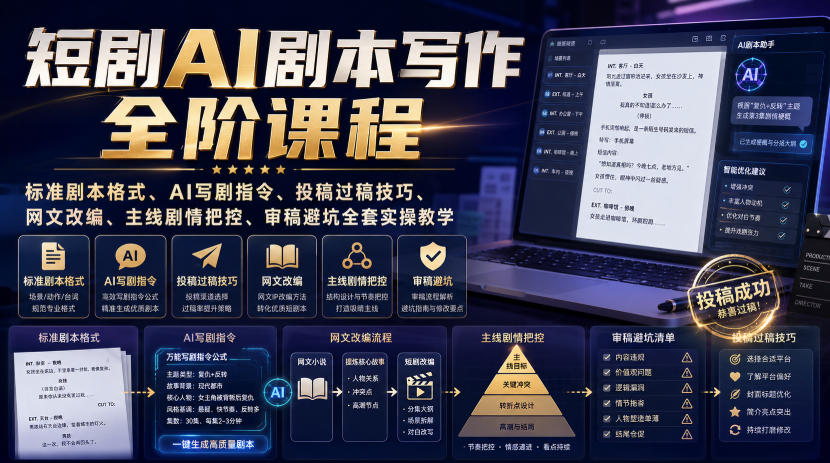 短剧AI剧本写作全阶课程｜标准剧本格式、AI写剧指令、投稿过稿技巧、网文改编、主线剧情把控、审稿避坑全套实操教学插图