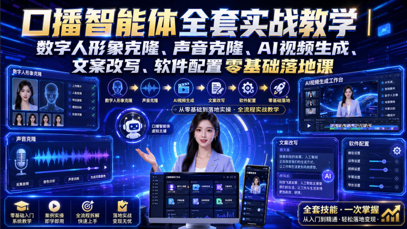 口播智能体全套实战教学｜数字人形象克隆、声音克隆、AI视频生成、文案改写、软件配置零基础落地课插图