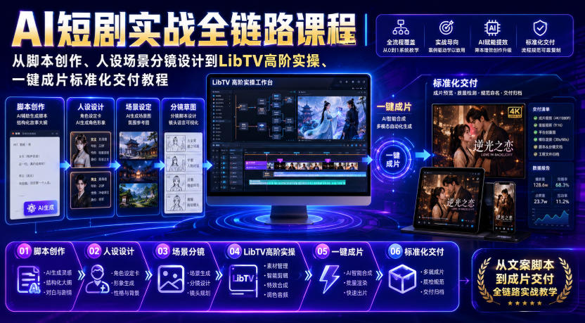 AI短剧实战全链路课程｜从脚本创作、人设场景分镜设计到LibTV高阶实操、一键成片标准化交付教程插图