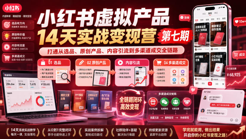 小红书虚拟产品14天实战变现营第七期，打通从选品、原创产品、内容引流到多渠道成交全链路插图