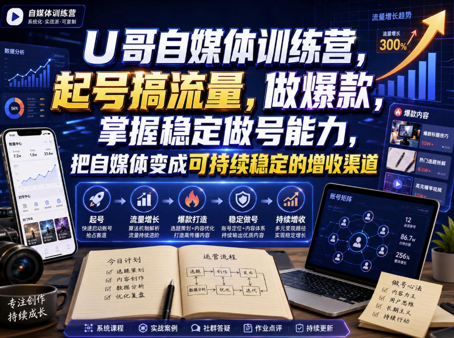 U哥自媒体训练营，起号搞流量，做爆款，掌握稳定做号能力，把自媒体变成可持续稳定的增收渠道插图