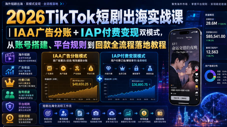 2026TikTok短剧出海实战课｜IAA广告分账+IAP付费变现双模式，从账号搭建、平台规则到回款全流程落地教程插图