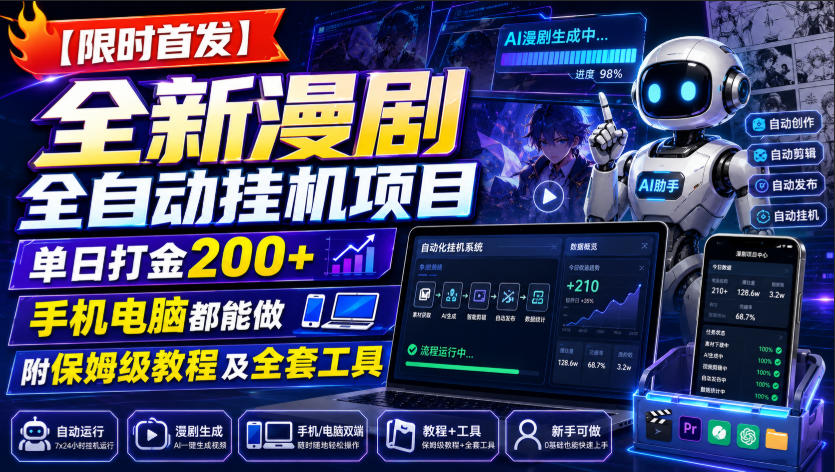 【限时首发】全新漫剧全自动挂G项目，单日打金200+，手机电脑都能做，附保姆级教程及全套工具插图