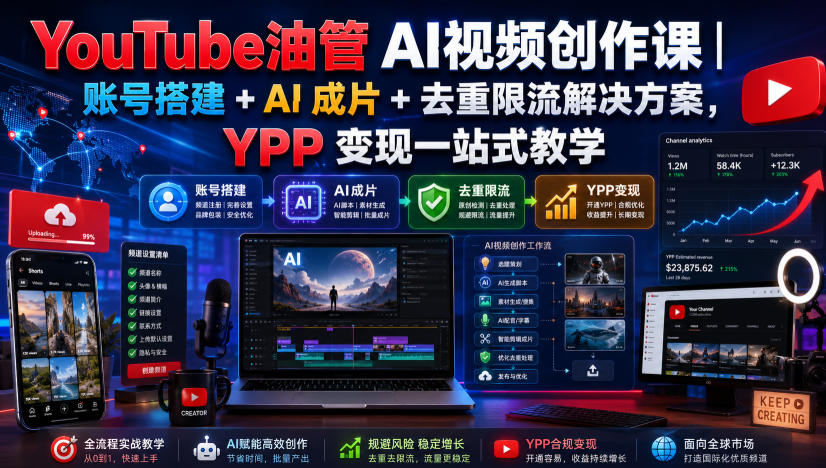 YouTube油管AI视频创作课｜账号搭建+AI成片+去重限流解决方案，YPP变现一站式教学插图
