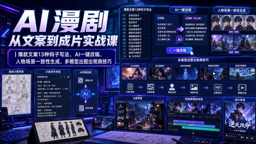 AI漫剧从文案到成片实战课｜爆款文案13种钩子写法、AI一键改稿、人物场景一致性生成、多模型出图出视频技巧插图