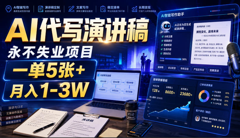 AI代写演讲稿，永不失业项目，一单5张+，月入1-3W插图