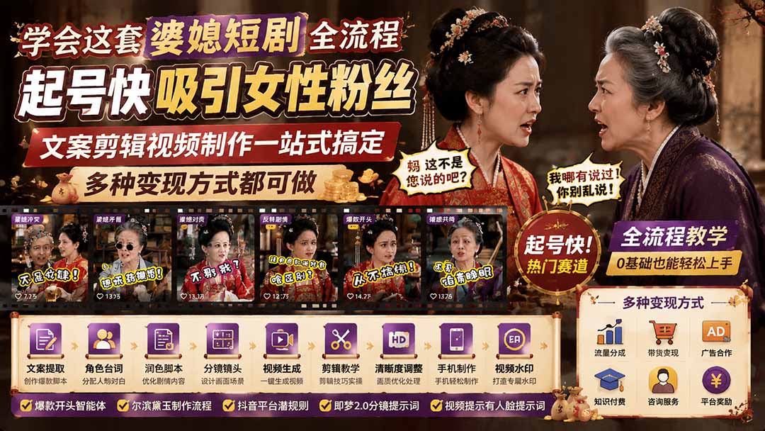 (19704期)学会这套婆媳短剧全流程:起号快吸引女性粉丝,文案剪辑视频制作一站式搞定,多种变现方式都可做插图1 (19704期)学会这套婆媳短剧全流程:起号快吸引女性粉丝,文案剪辑视频制作一站式搞定,多种变现方式都可做插图1
